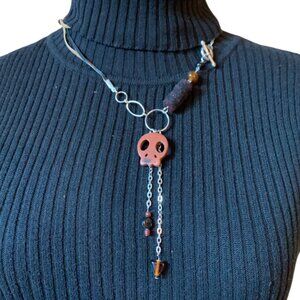 3x35$ 💀 CREATION - Skull short necklace ruban beads - brown black